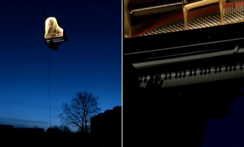 Alain Roche toca el piano colgado de una grúa a 10m de altura