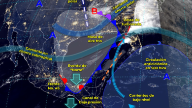 Frente Frío 45 ocasionarán lluvias fuertes y evento Norte el sureste de México