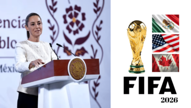 Imagen editada de Claudia Sheinbaum y copa del mundo 2026